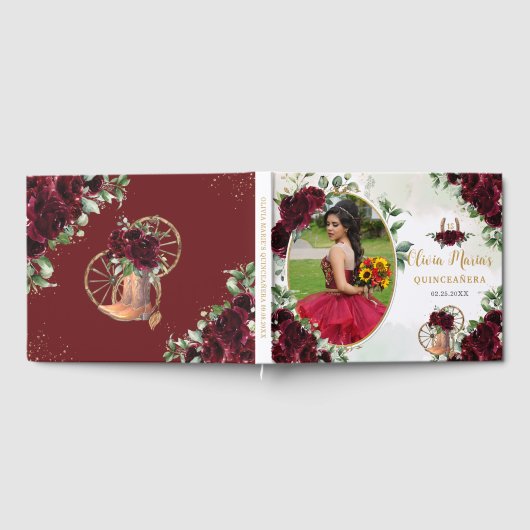 Burgundy Floral Charro Boots Quinceanera Foto Gästebuch (Voll)