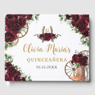Burgundy Floral Charro Cowboy Boots Quinceanera Gästebuch