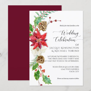 Burgundy Floral Christmas Gold Winter Holly Berry Einladung