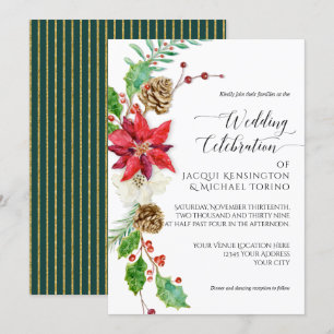 Burgundy Floral Christmas Green Gold Holly Wedding Einladung