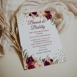 Burgundy Floral Confetti Brunch und Bubbly Dusche Einladung