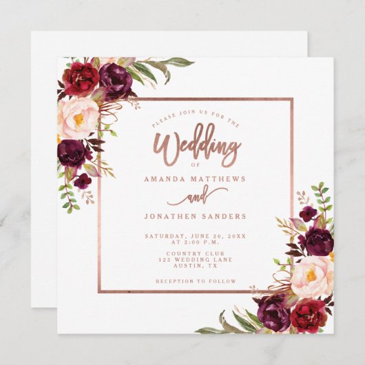 Burgundy Floral Copper Rose Gold Script Hochzeit Einladung (Vorne/Hinten)