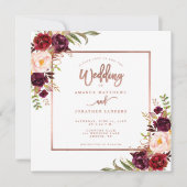 Burgundy Floral Copper Rose Gold Script Hochzeit Einladung (Vorderseite)