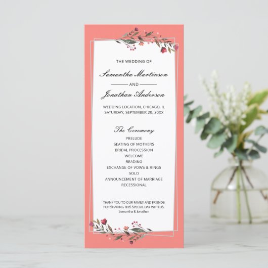 Burgundy Floral Coral | Gray Geometric Wedding Programm (Stehend Vorderseite)
