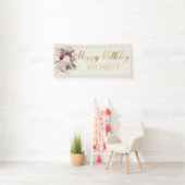 Burgundy Floral Cream Gold Happy Birthday Banner (Insitu)