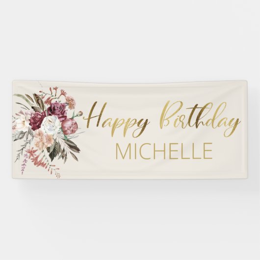 Burgundy Floral Cream Gold Happy Birthday Banner (Horizontal)