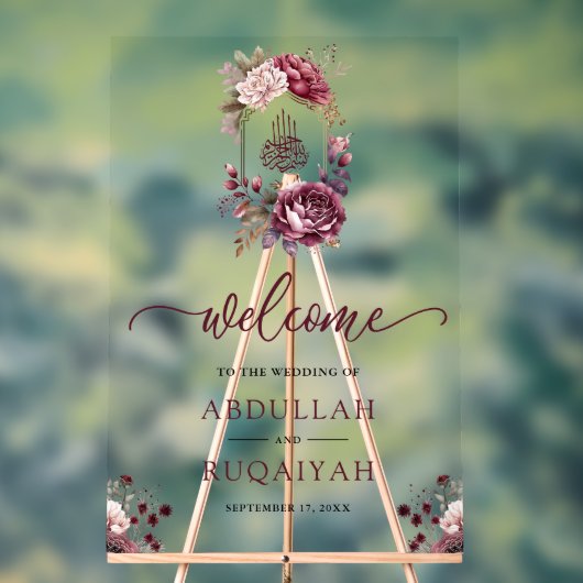 Burgundy Floral Crest Muslim Wedding Welcome Acrylschild (Neutral)