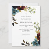 Burgundy Floral Cross Two Become One Wedding Einladung (Vorderseite)