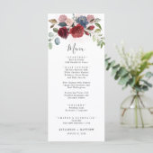 Burgundy Floral Dusty Blue Botanical Wedding Menükarte (Stehend Vorderseite)