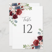 Burgundy Floral Dusty Blue Botanische Tischnummer (Vorne/Hinten)