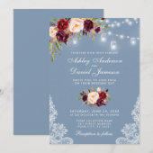 Burgundy floral Dusty Blue Wedding Lights Lace Einladung (Vorne/Hinten)
