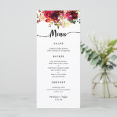 Burgundy Floral Einfaches Hochzeitsmenü mit 3 Gäng Menükarte (Stehend Vorderseite)