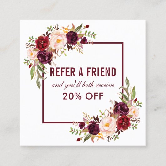 Burgundy Floral Elegant Gerahmte Befassung Quadratische Visitenkarte (Vorderseite)