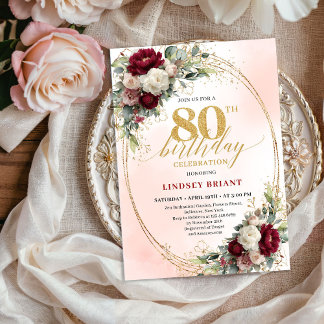 Burgundy Floral Elegant Gold 80th Birthday Invite Einladung