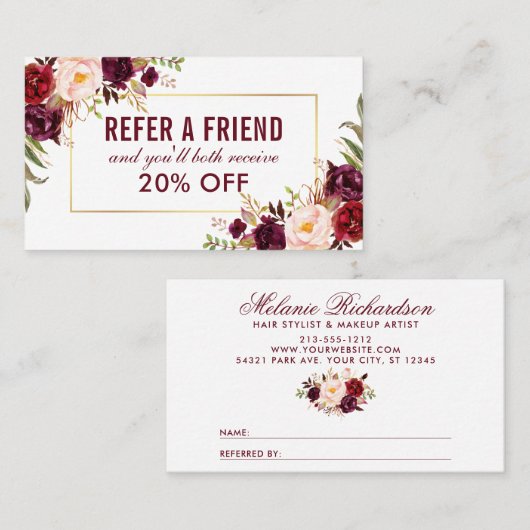 Burgundy Floral Elegant Gold Frame Referenz Visitenkarte (Vorne/Hinten)