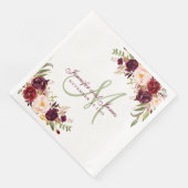 Burgundy Floral Elegant Monogram Rustic Wedding Na Serviette (Ecke)
