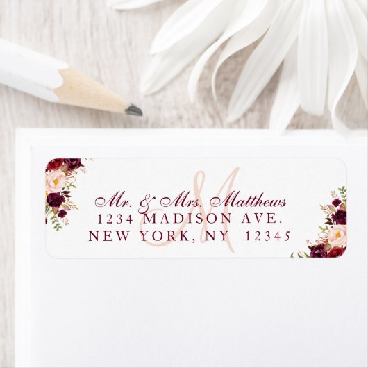Burgundy Floral Elegant Monogram Wedding Address (Insitu)