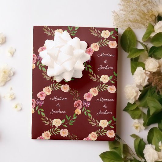 Burgundy Floral Elegant Peony Monogram Wedding Geschenkpapier Set