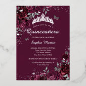 Burgundy Floral Elegant Silver Quinceanera Folieneinladung (Vorderseite)