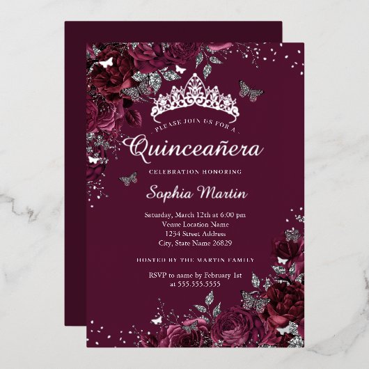 Burgundy Floral Elegant Silver Quinceanera Folieneinladung (Vorderseite/Rückseite)