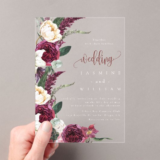 Burgundy Floral Elegant Wedding Acryleinladungen (Insitu (Handheld))