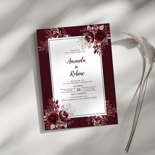 Burgundy Floral Elegante Hochzeit Einladung
