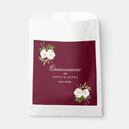 Burgundy Floral Elegante Quinceanera Gefallen Beut Geschenktütchen (Vorderseite)