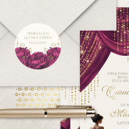 Burgundy Floral Elegante Quinceanera Runder Aufkleber