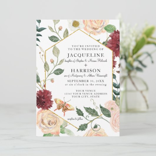 Burgundy Floral Elegante Rose Fall Foliage Hochzei Einladung (Stehend Vorderseite)