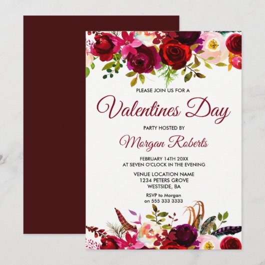 Burgundy Floral Eleganter Valentinstag Einladung (Vorne/Hinten)