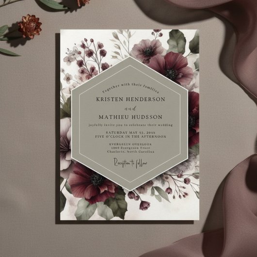 Burgundy Floral Ethereal Wedding Einladung