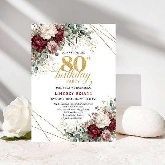 Burgundy Floral Eucalyptus Boho 80th Birthday Einladung