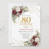 Burgundy Floral Eucalyptus Boho 80th Birthday Einladung (Vorderseite)
