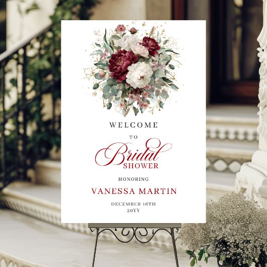 Burgundy Floral Eucalyptus Gold Bridal Welcome  Poster