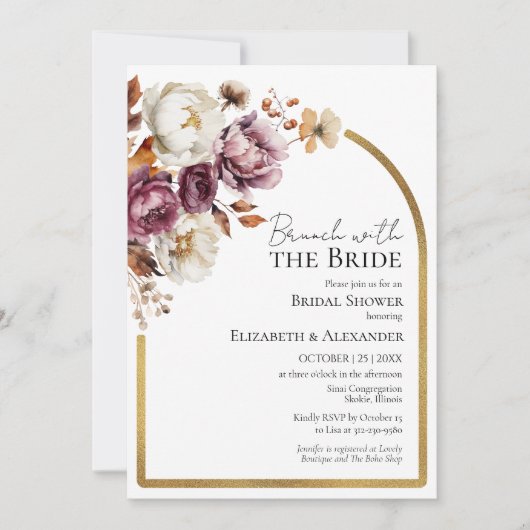 Burgundy Floral Fall Brunch mit Brautdusche Einladung (Vorderseite)