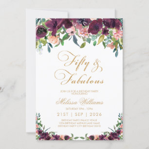 Burgundy Floral Fifty & Fabulous 50. Geburtstag Einladung