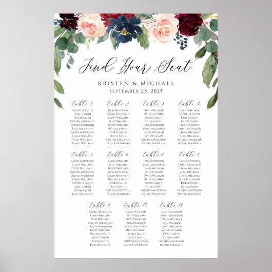 Burgundy Floral Finden Sie Ihre Sitzplakette Poster (Vorne)