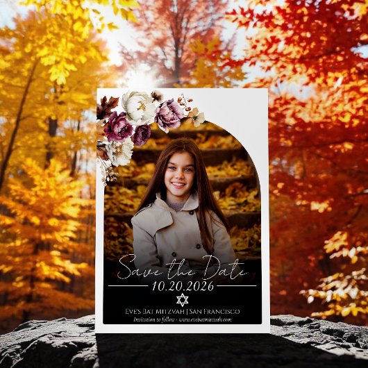Burgundy Floral Foto Bat Mitzvah Save the Date Einladung