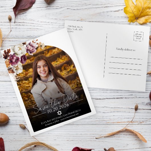 Burgundy Floral Foto Bat Mitzvah Save the Date Postkarte