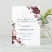 Burgundy Floral Foto Collage Navy Blue Wedding Einladung (Stehend Vorderseite)