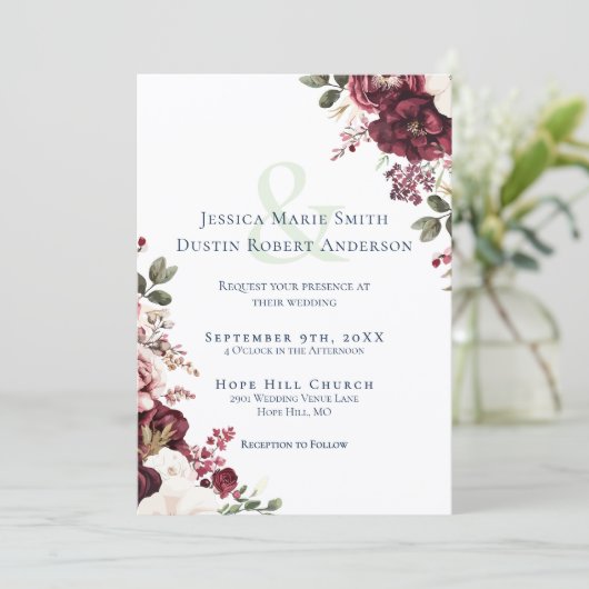 Burgundy Floral Foto Collage Navy Blue Wedding Einladung (Stehend Vorderseite)