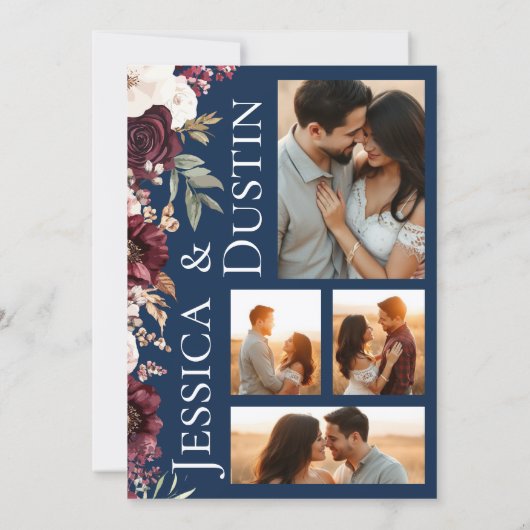 Burgundy Floral Foto Collage Navy Blue Wedding Einladung (Rückseite)
