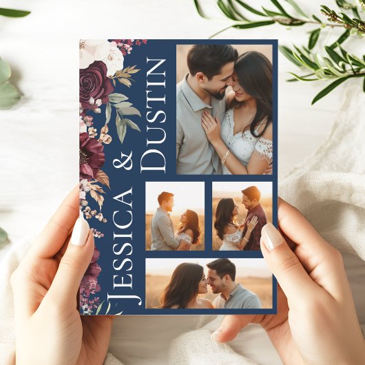 Burgundy Floral Foto Collage Navy Blue Wedding Einladung