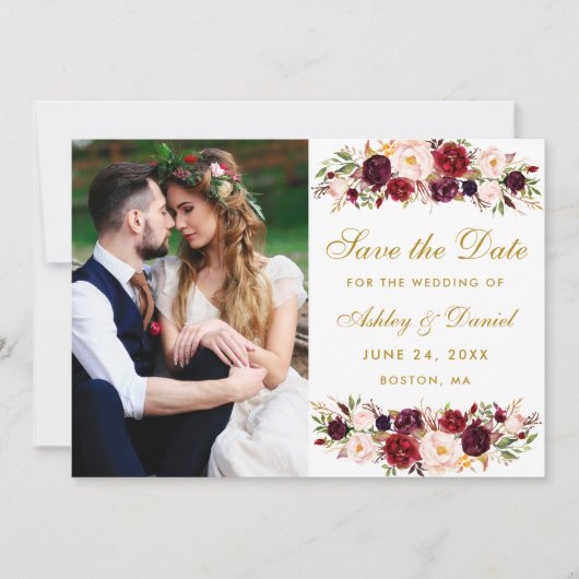 Burgundy Floral Foto Gold Save the Date W (Vorderseite)
