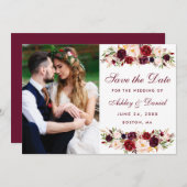 Burgundy Floral Foto Save the Date (Vorne/Hinten)