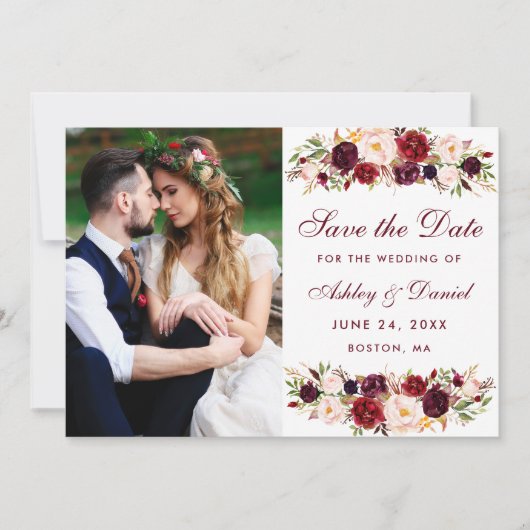 Burgundy Floral Foto Save the Date W (Vorderseite)