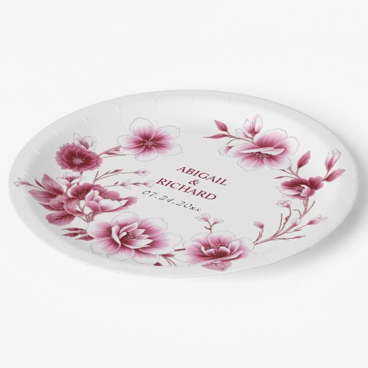 Burgundy floral frame Chinoiserie flowers wedding Pappteller (Schrägansicht)