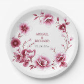 Burgundy floral frame Chinoiserie flowers wedding Pappteller (Vorderseite)