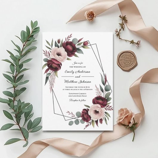 Burgundy Floral Frame Wedding Invitation Einladung