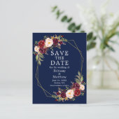 Burgundy Floral Geo Frame Blue Save the Date Postkarte (Stehend Vorderseite)